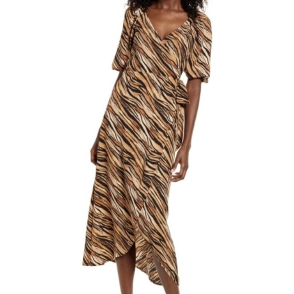 Leith – Print Midi Wrap Dress TAN SMALL TIGER DYE